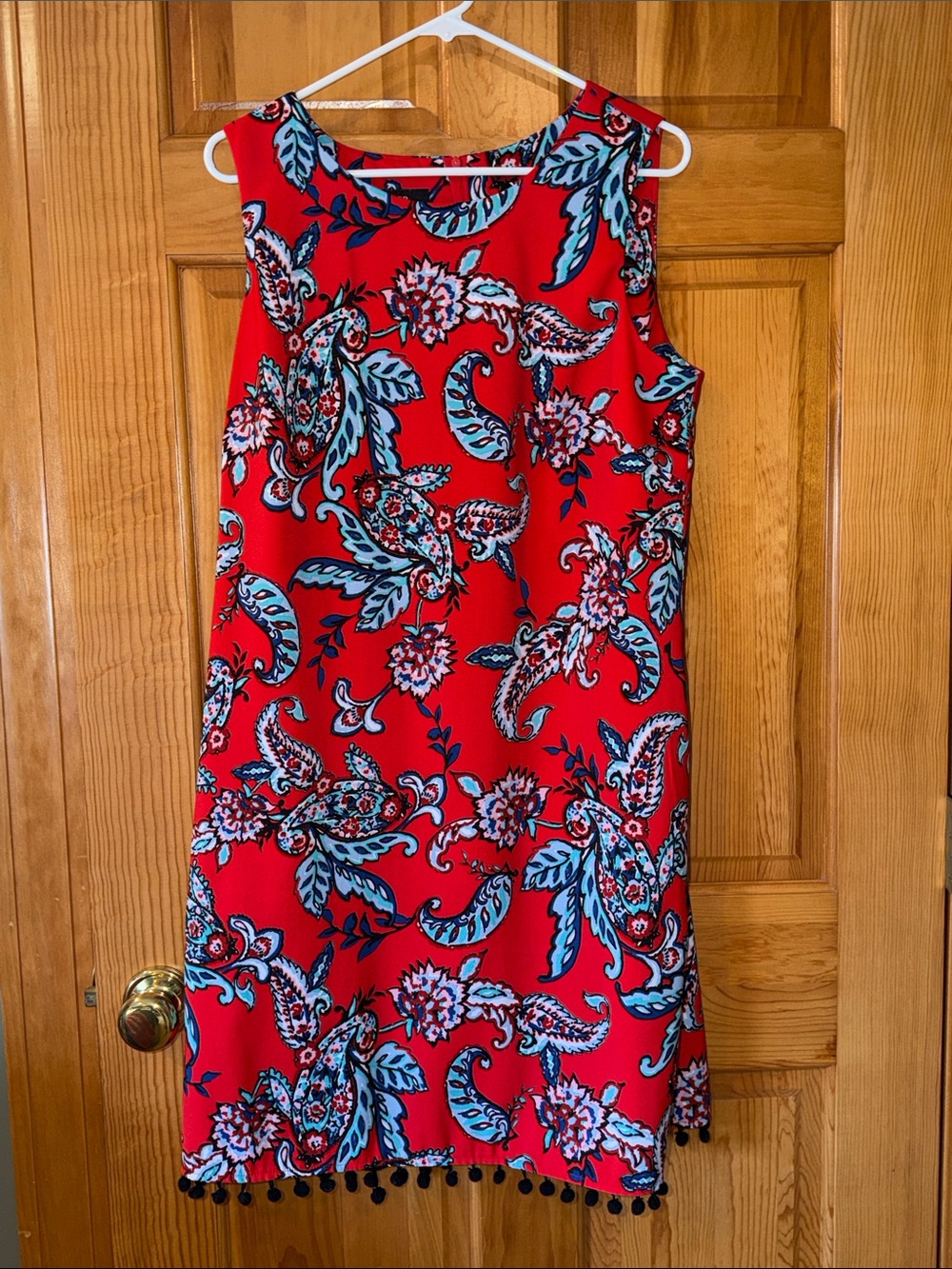 AGB Red Paisley Sleeveless Dress with Black Pompoms